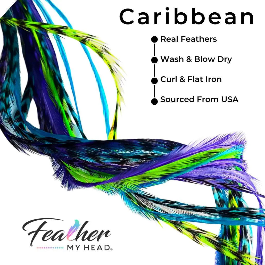 Caribbean Hair Feather Extensions in a mix of purple, turquoise blue and green premium hair feathers. Optional feather kit and long lengths available