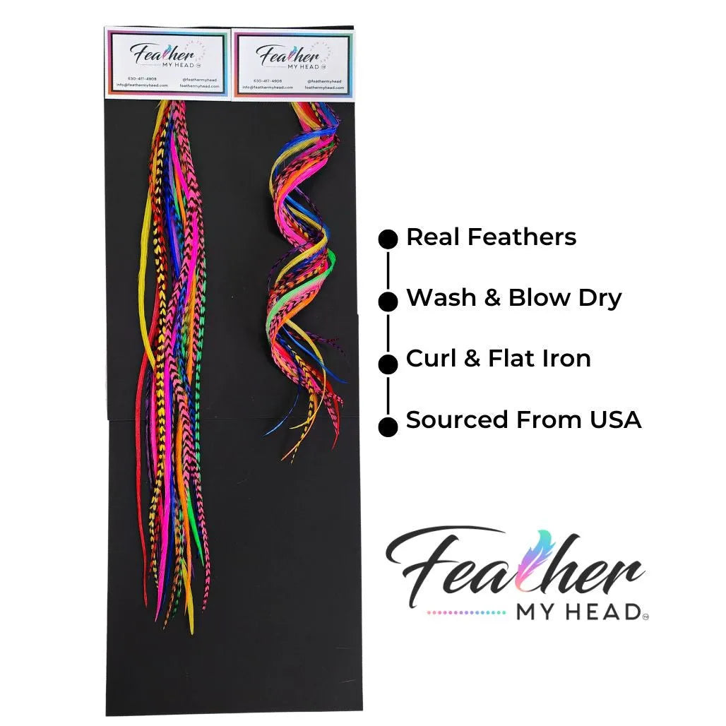 Our collection contains 16 real hair feathers in vibrant colors including pink, purple, blue, green, yellow, red, and orange — all conveniently packaged in one salon bulk pack.
With many lengths to choose from (10 to 12 inches; 12 to 14 inches; 14 to 16 inches; and mega long over 16 inches), our feathers guarantee a perfect fit every time. Plus, they’re premium grade, heat resistant, and have been tested extensively to hold up against curl, flat iron, and blow dry styles. 