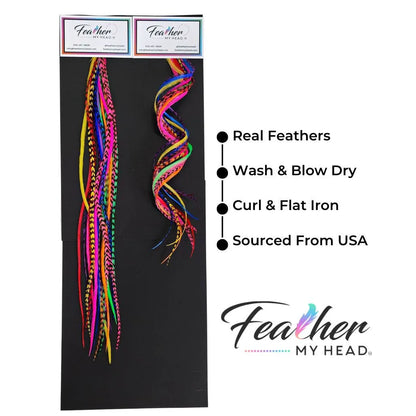 Our collection contains 16 real hair feathers in vibrant colors including pink, purple, blue, green, yellow, red, and orange — all conveniently packaged in one salon bulk pack.
With many lengths to choose from (10 to 12 inches; 12 to 14 inches; 14 to 16 inches; and mega long over 16 inches), our feathers guarantee a perfect fit every time. Plus, they’re premium grade, heat resistant, and have been tested extensively to hold up against curl, flat iron, and blow dry styles. 