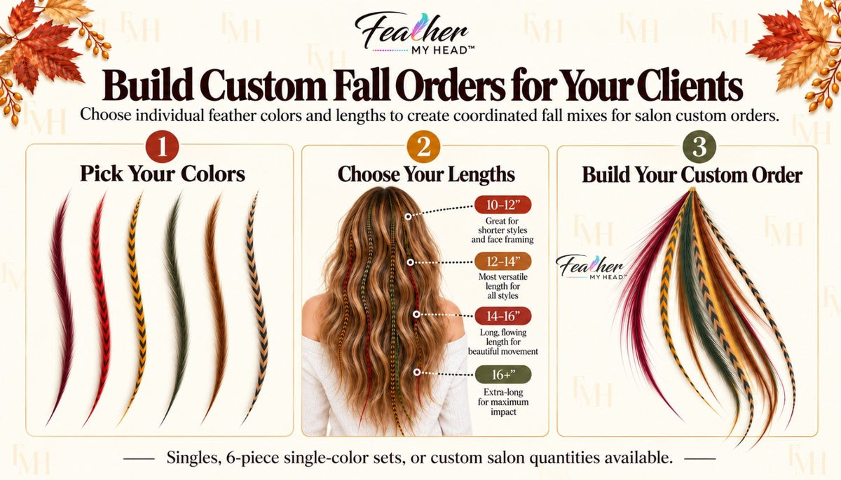 Illustrated guide to choosing fall feather colors, lengths and a custom order