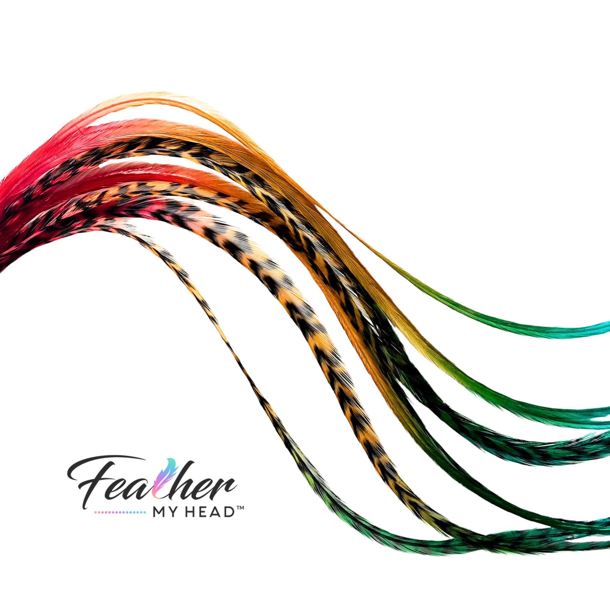 Durango hair feather extensions with red, burnt orange, golden yellow, green, and turquoise tones in a soft curved product display