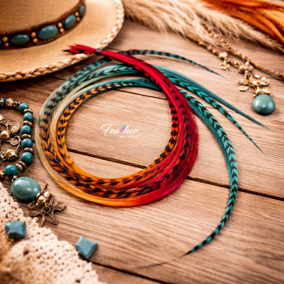 Durango hair feather extension set styled with western-inspired accessories on a rustic wood background