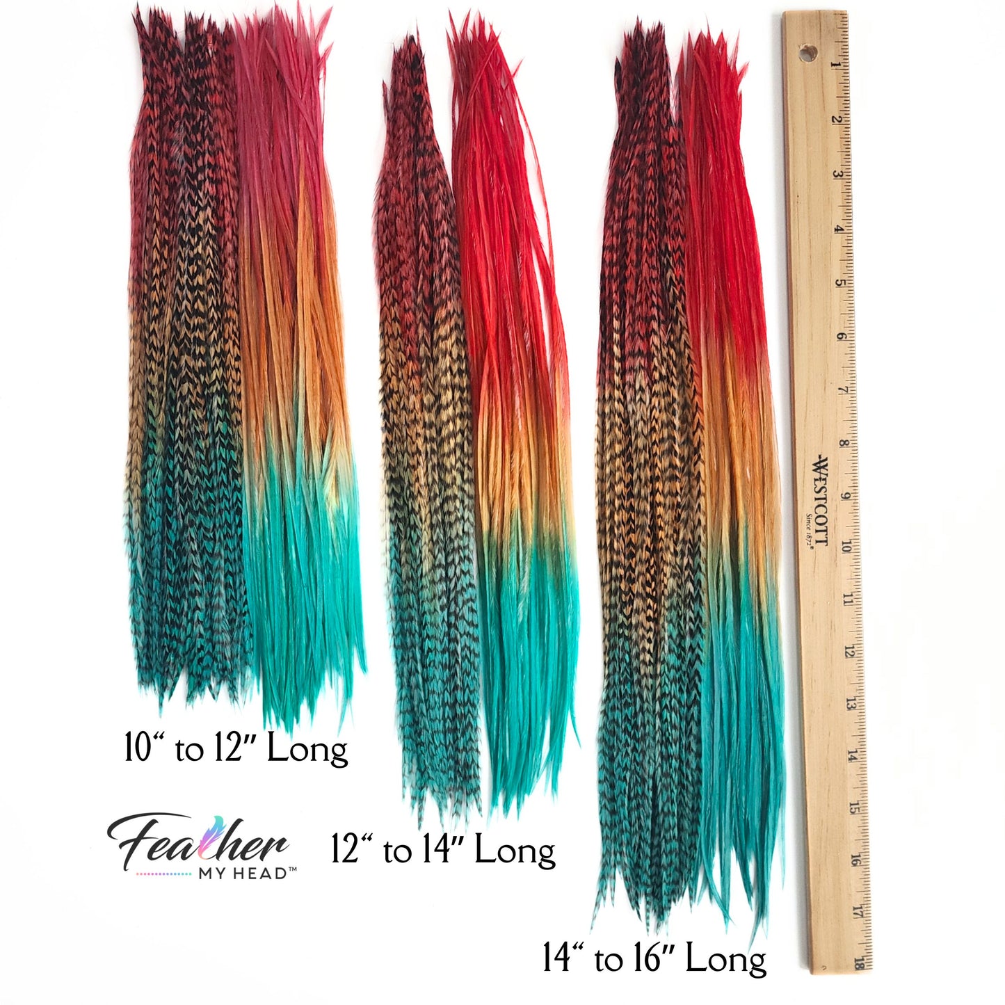 Durango feather hair extensions shown in multiple length options with earthy rainbow tie-dye color placement