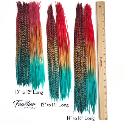Durango feather hair extensions shown in multiple length options with earthy rainbow tie-dye color placement