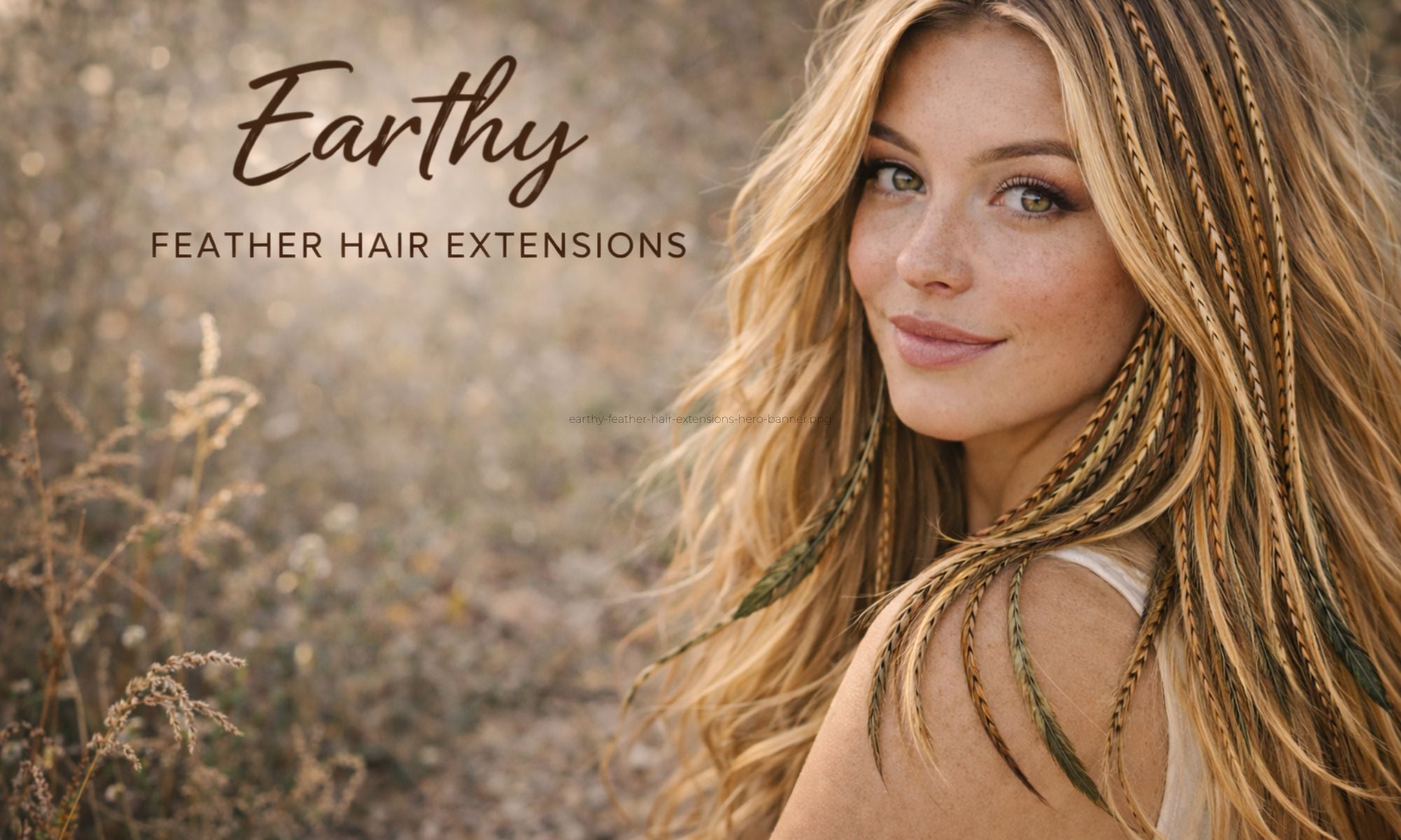 Hero banner for earthy feather hair extensions featuring a blonde woman wearing long feather hair extensions in natural brown, beige, gold, and muted green tones outdoors