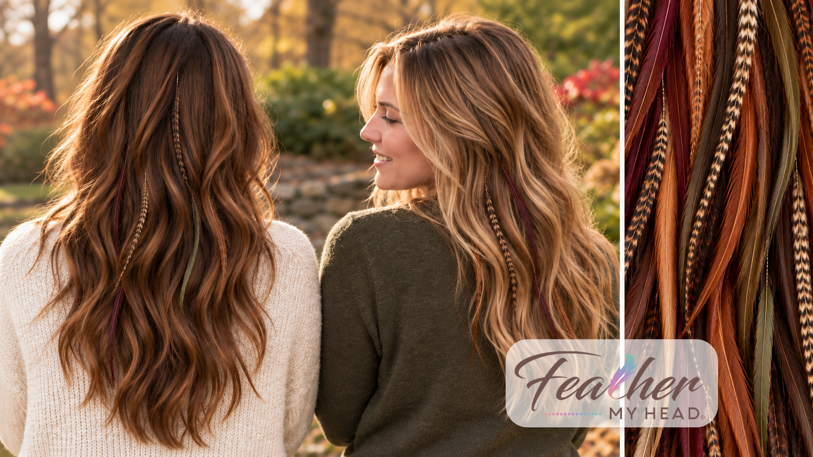 Two women wearing fall-colored feather hair extensions, beside a close-up of burgundy, rust, olive, and natural grizzly feathers.