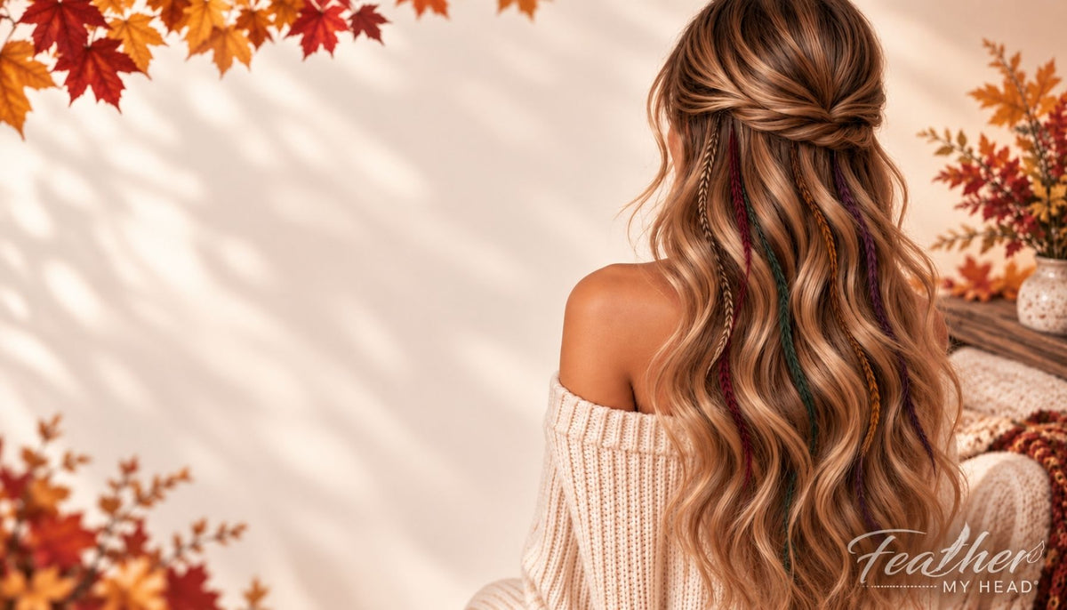 Fall hair feather extensions in burgundy, plum, green, butterscotch and grizzly patterns styled in long wavy hair with extra-long feather lengths.