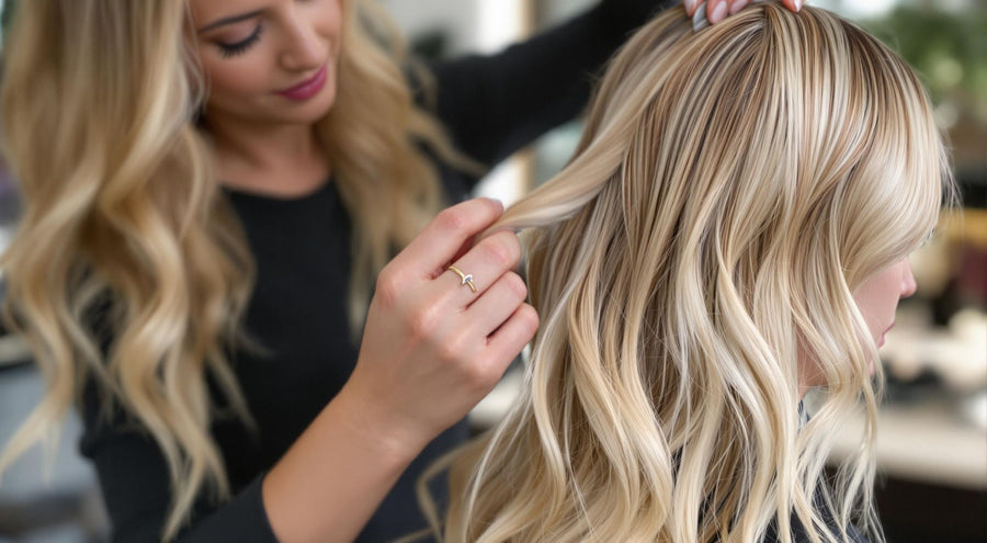Stylist working with long feather hair extensions blended into a client's hair.
