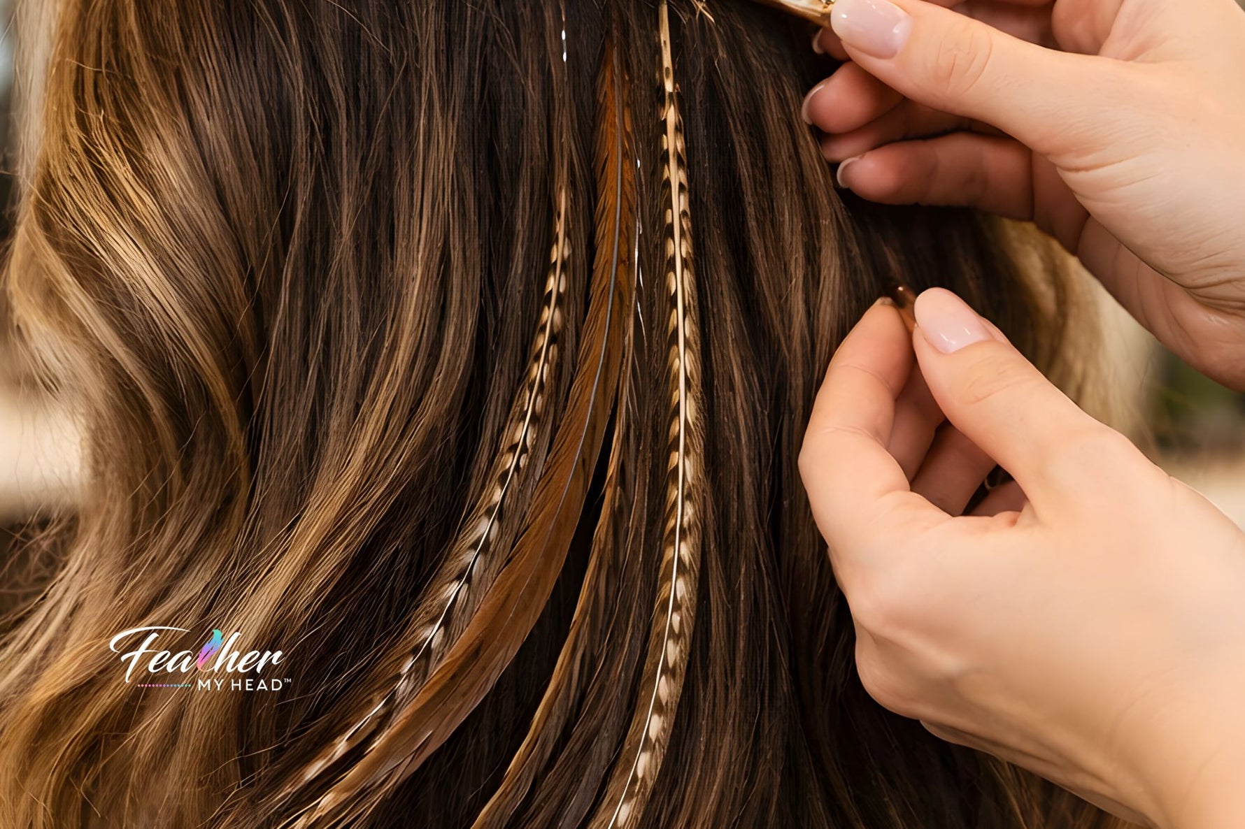 Salon stylist installing natural rooster feather hair extensions into long layered hair using microbeads
