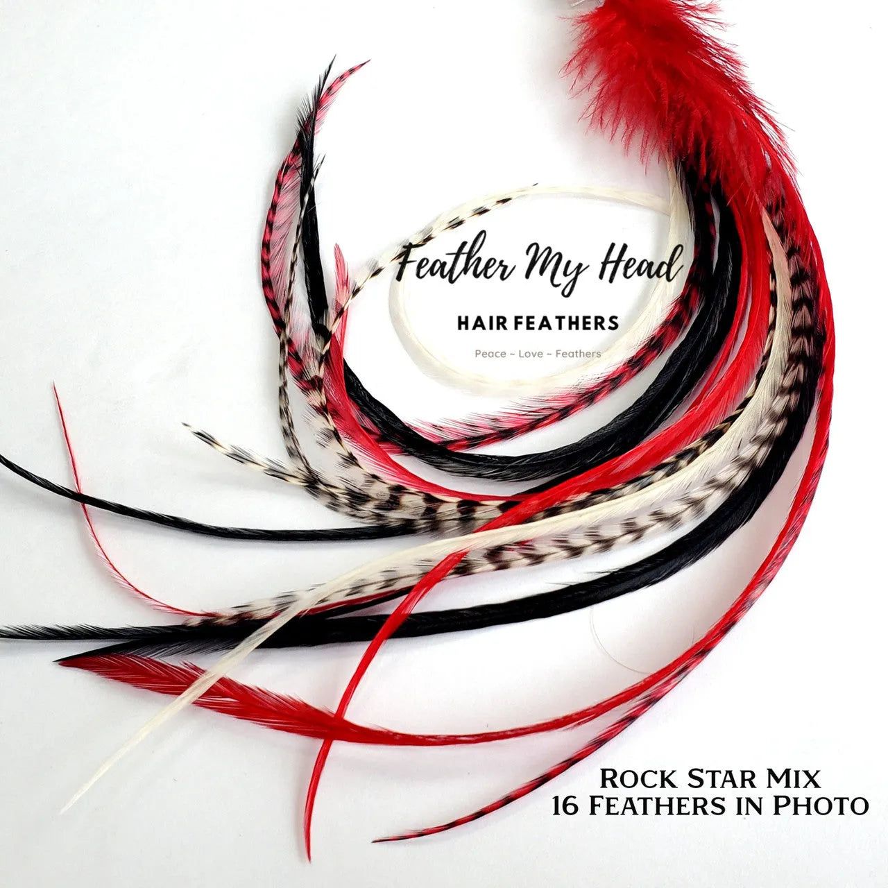 Feather hair extensions kit by Feather My Head.  Real Feathers in black white and red feathers.