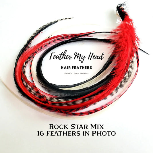 Rock Star Hair Feather Extension Collection of hair feathers dyed colors of Red, Black and Natural White. 


