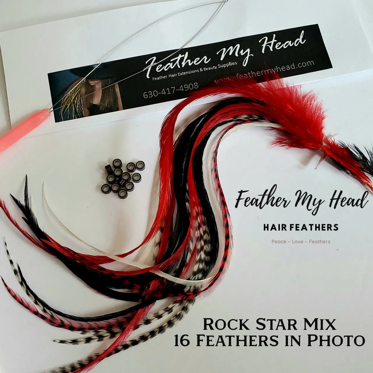 Feather hair extensions kit by Feather My Head.  Real Feathers in black white and red feathers.