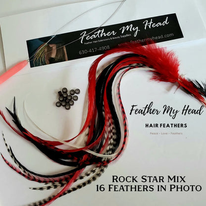 Feather hair extensions kit by Feather My Head.  Real Feathers in black white and red feathers.