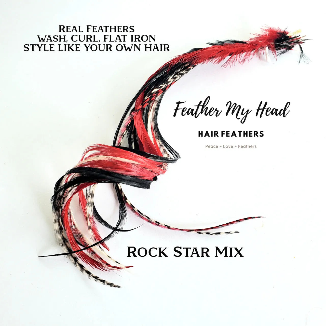 Rock Star Hair Feather Extension Collection of hair feathers dyed colors of Red, Black and Natural White.