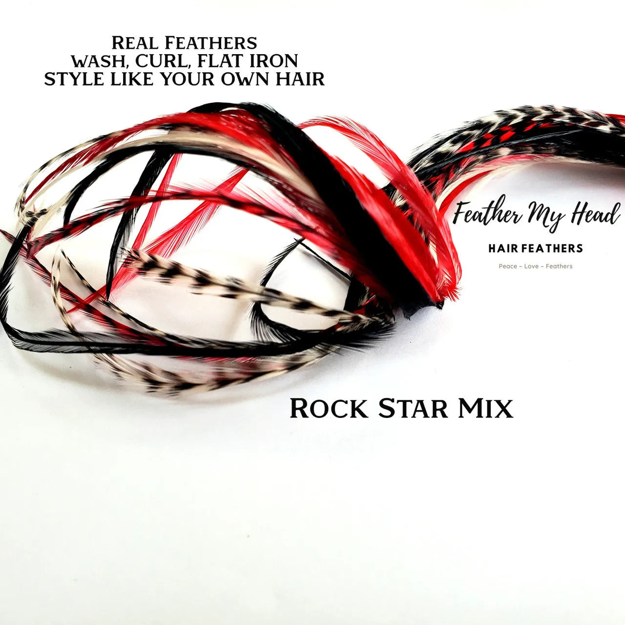 Rock Star Hair Feather Extension Collection of hair feathers dyed colors of Red, Black and Natural White.