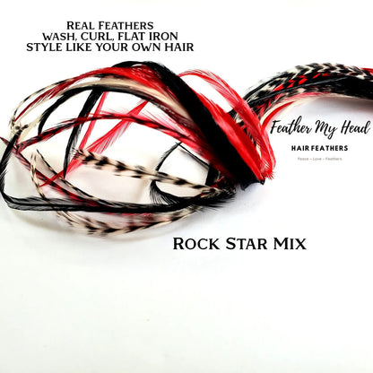 Rock Star Hair Feather Extension Collection of hair feathers dyed colors of Red, Black and Natural White.