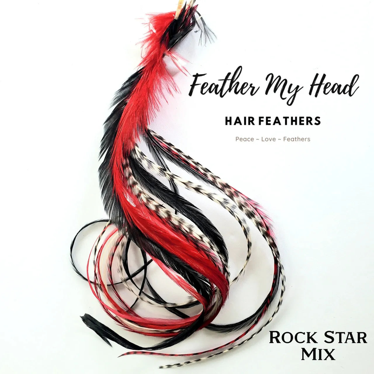 Rock Star Hair Feather Extension Collection of hair feathers dyed colors of Red, Black and Natural White.