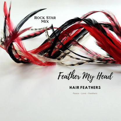 Rock Star Hair Feather Extension Collection of hair feathers dyed colors of Red, Black and Natural White.