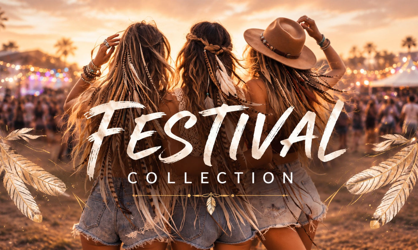 Long feather hair extensions styled for a festival look, featuring thin natural rooster feathers blended into wavy hair with a boho summer vibe at golden hour
