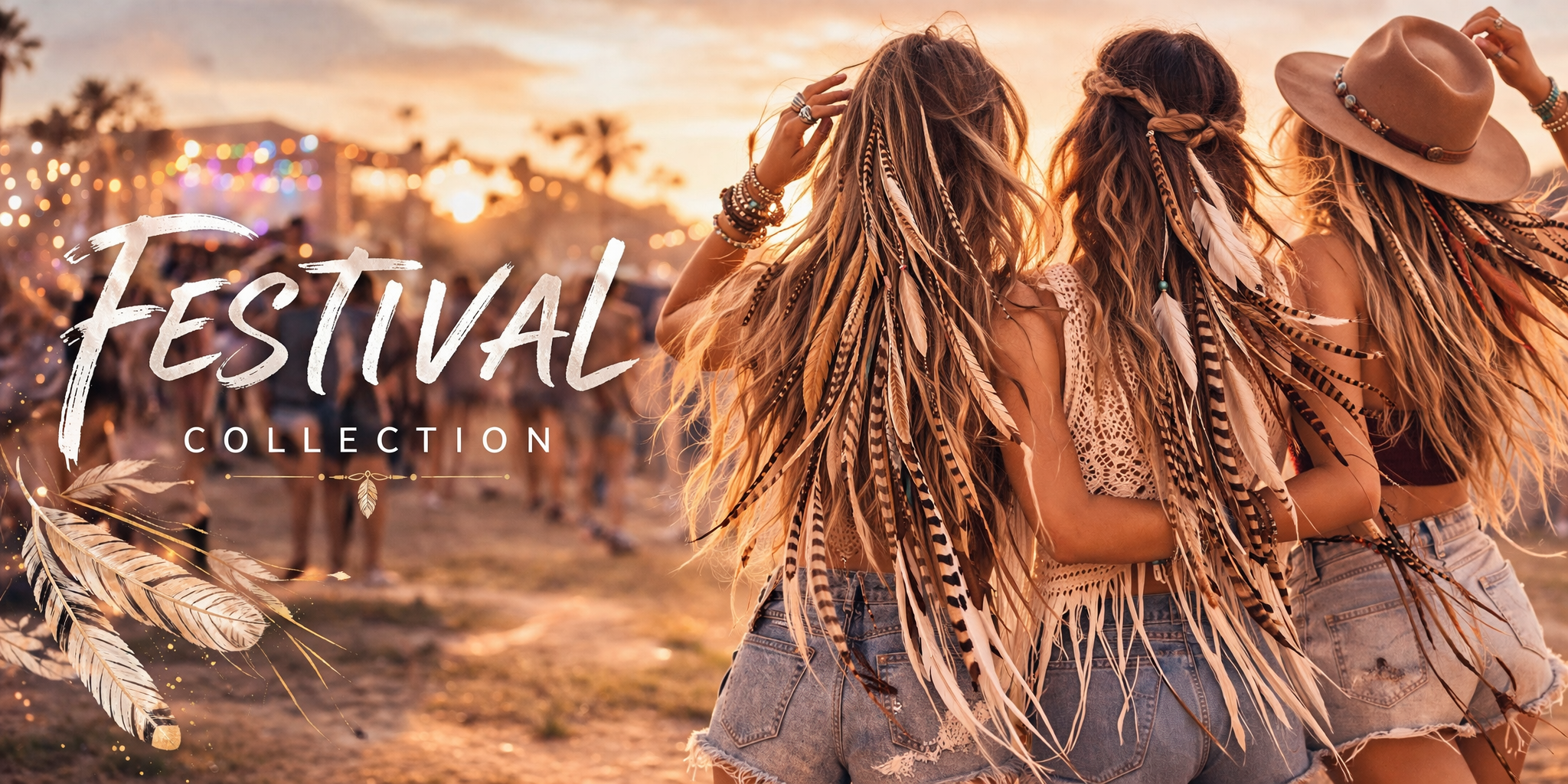 Long feather hair extensions styled for a festival look, featuring thin natural rooster feathers blended into wavy hair with a boho summer vibe at golden hour