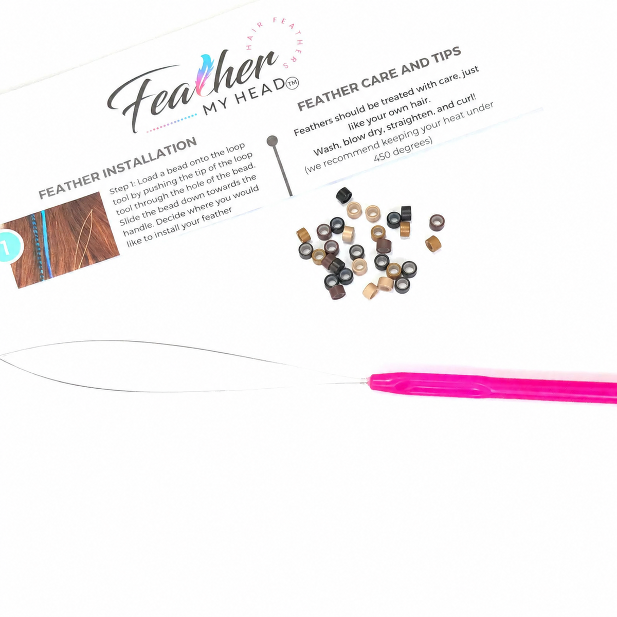 DIY hair feather installation kit with pink looping tool, beads and printed instructions