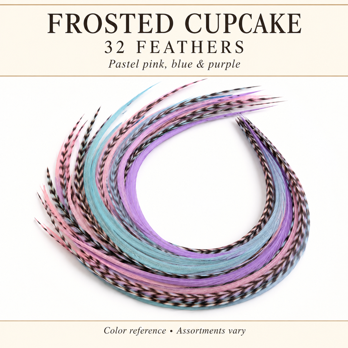 Frosted Cupcake — 32 feathers; Pastel pink, blue & purple. Color reference; assortments vary.