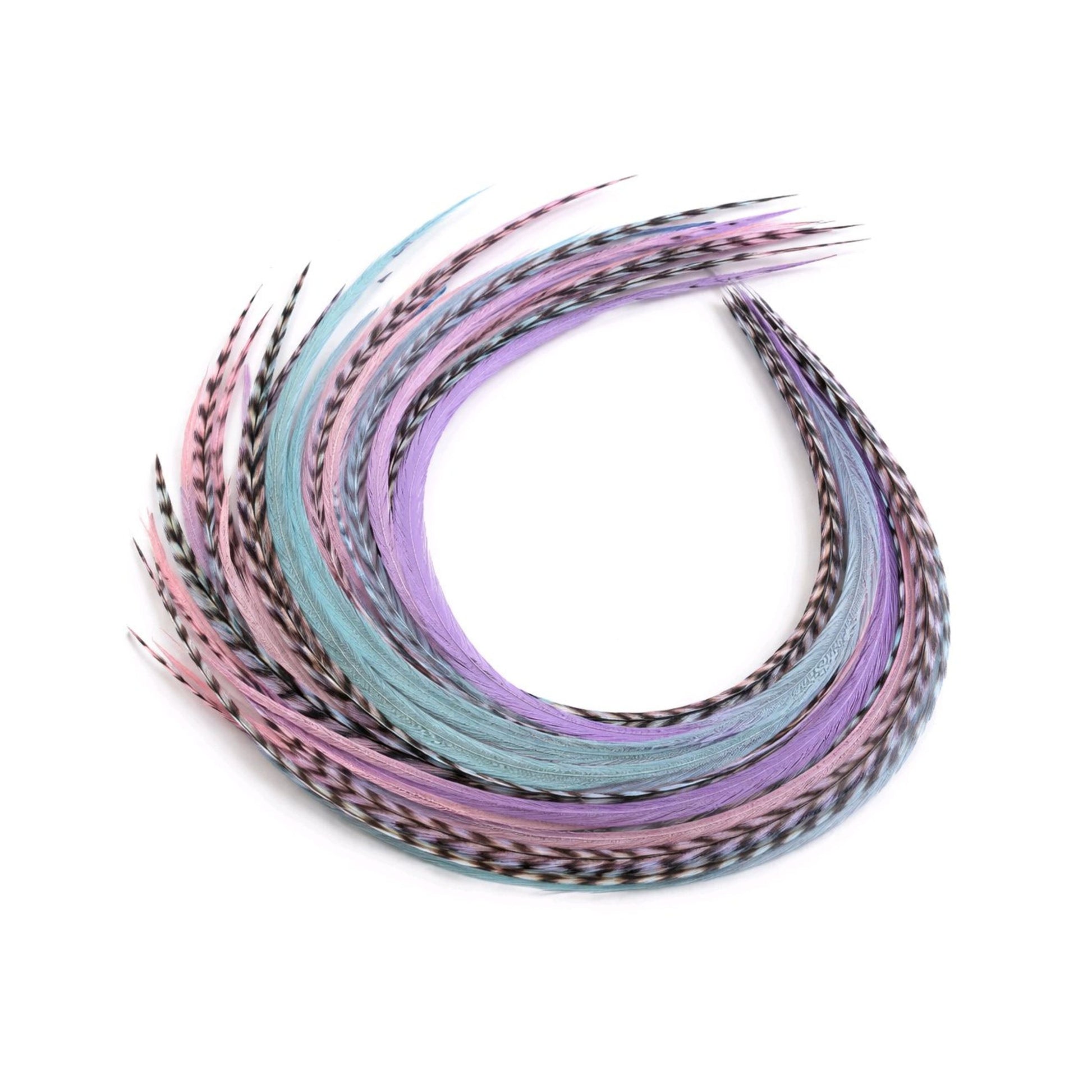 Frosted Cupcake feather hair extensions with pastel pink, blue, and lavender rooster feathers.