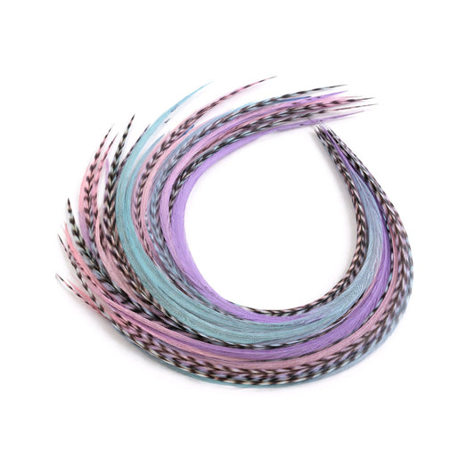 Frosted Cupcake feather hair extensions with pastel pink, blue, and lavender rooster feathers.