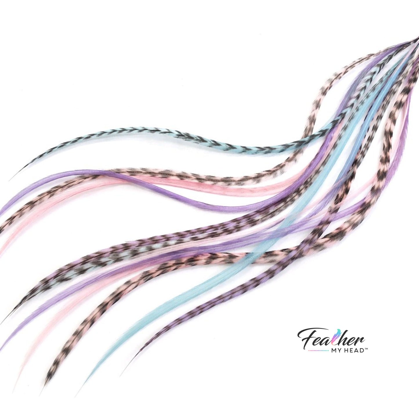 Frosted Cupcake feather hair extensions arranged in a pastel color blend.