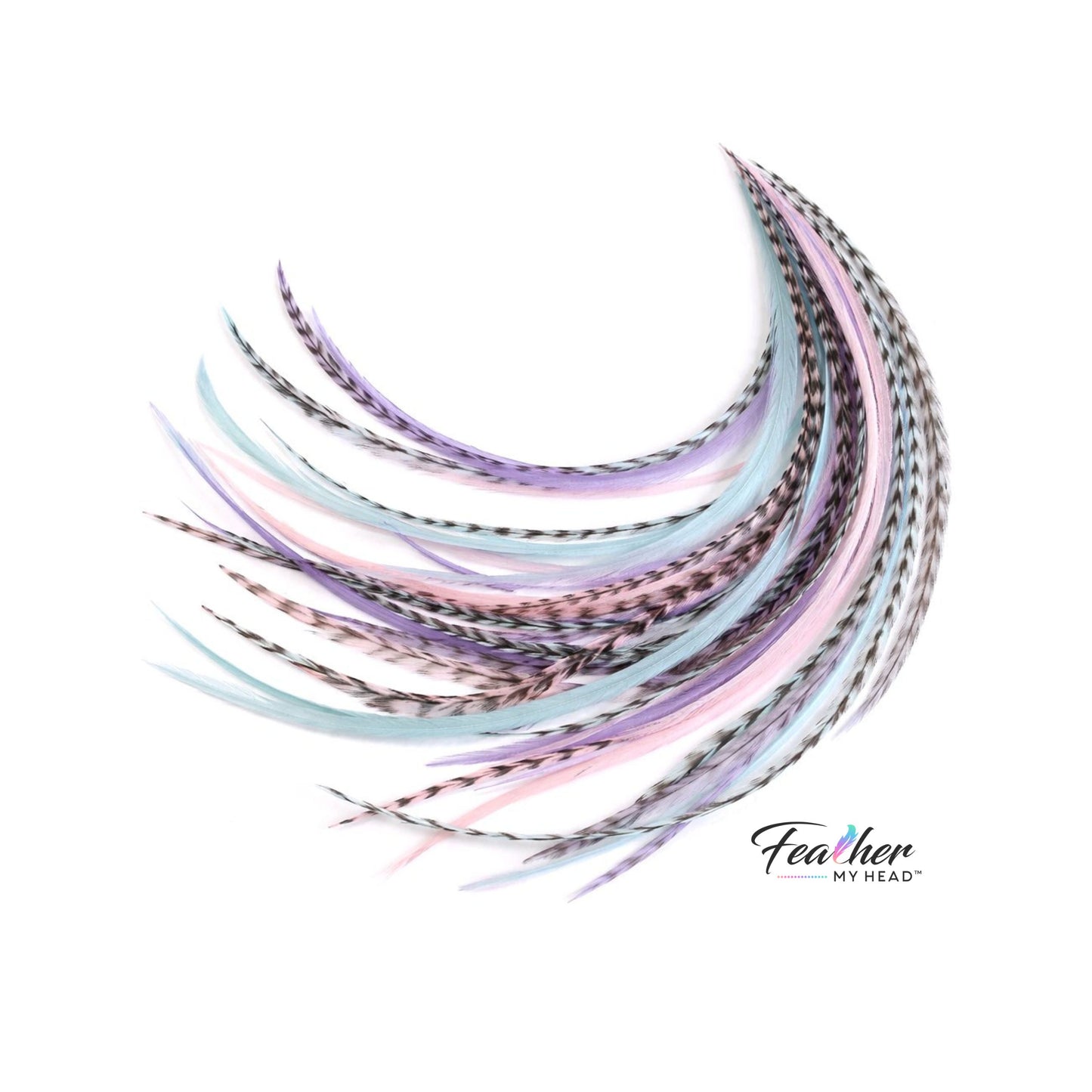 Long Frosted Cupcake feather hair extensions in pastel pink and blue tones.