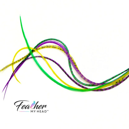 Add festive Mardi Gras hair feathers to your carnival look with our premium purple, green, and gold feather extensions that bring the spirit of New Orleans.


