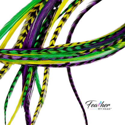 Add festive Mardi Gras hair feathers to your carnival look with our premium purple, green, and gold feather extensions that bring the spirit of New Orleans.

