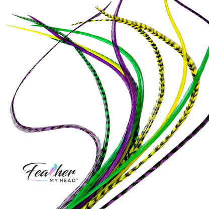 Add festive Mardi Gras hair feathers to your carnival look with our premium purple, green, and gold feather extensions that bring the spirit of New Orleans.

