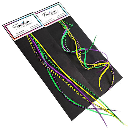 Add festive Mardi Gras hair feathers to your carnival look with our premium purple, green, and gold feather extensions that bring the spirit of New Orleans.

