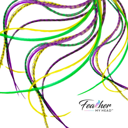 Add festive Mardi Gras hair feathers to your carnival look with our premium purple, green, and gold feather extensions that bring the spirit of New Orleans.

