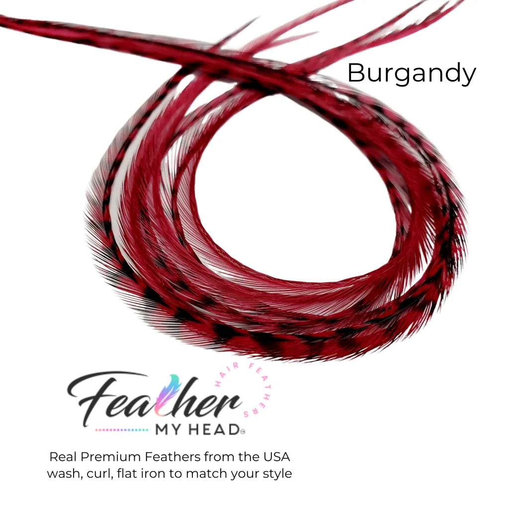 Hair feather extension kit in burgundy red feathers