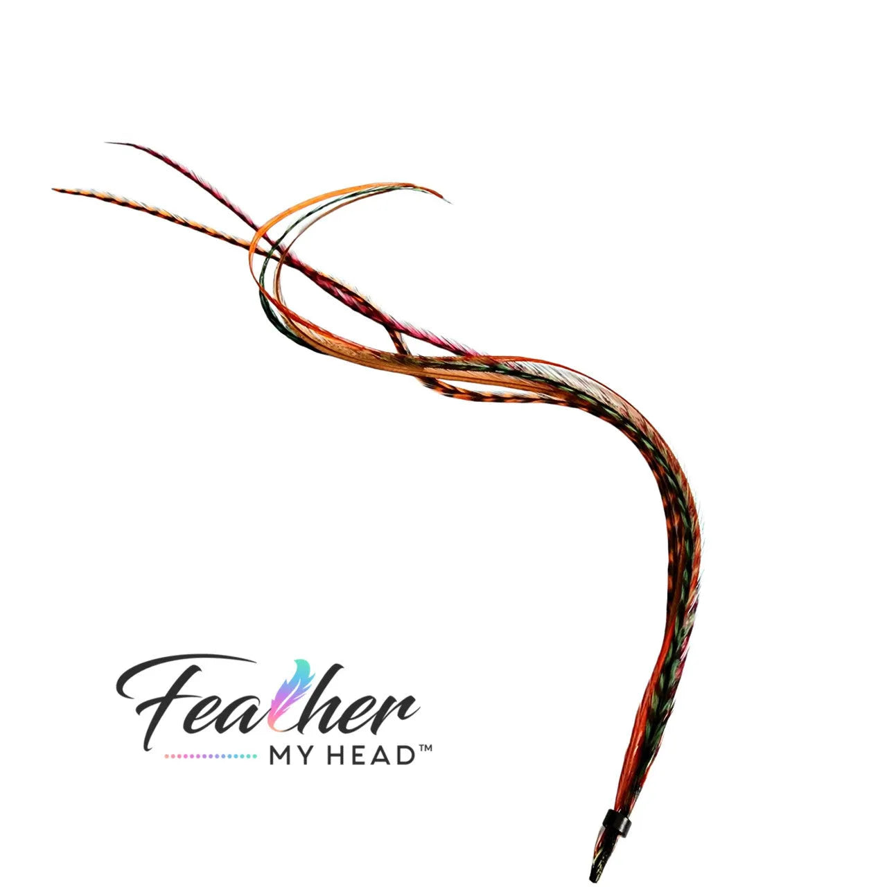 Feather Hair Extension Kit by Feather My Head. Mix of Burgundy Red feathers, brown feathers, orange feathers and green feathers. Real hair feathers in long lengths.