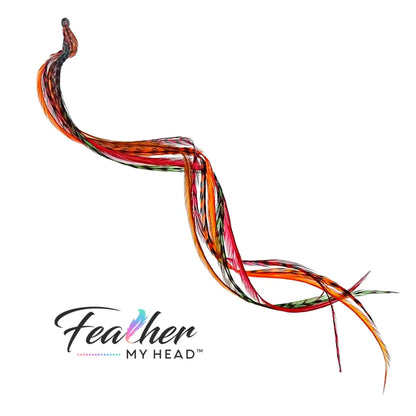 Feather Hair Extension Kit by Feather My Head. Mix of Burgundy Red feathers, brown feathers, orange feathers and green feathers. Real hair feathers in long lengths.