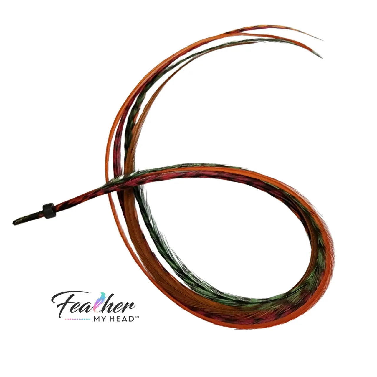 Feather Hair Extension Kit by Feather My Head. Mix of Burgundy Red feathers, brown feathers, orange feathers and green feathers. Real hair feathers in long lengths.