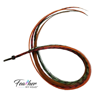 Feather Hair Extension Kit by Feather My Head. Mix of Burgundy Red feathers, brown feathers, orange feathers and green feathers. Real hair feathers in long lengths.