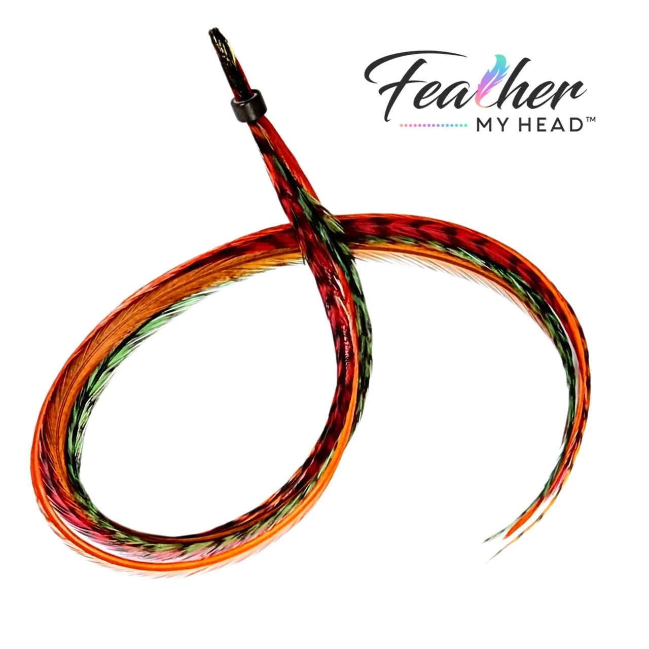 Feather Hair Extension Kit by Feather My Head. Mix of Burgundy Red feathers, brown feathers, orange feathers and green feathers. Real hair feathers in long lengths.
