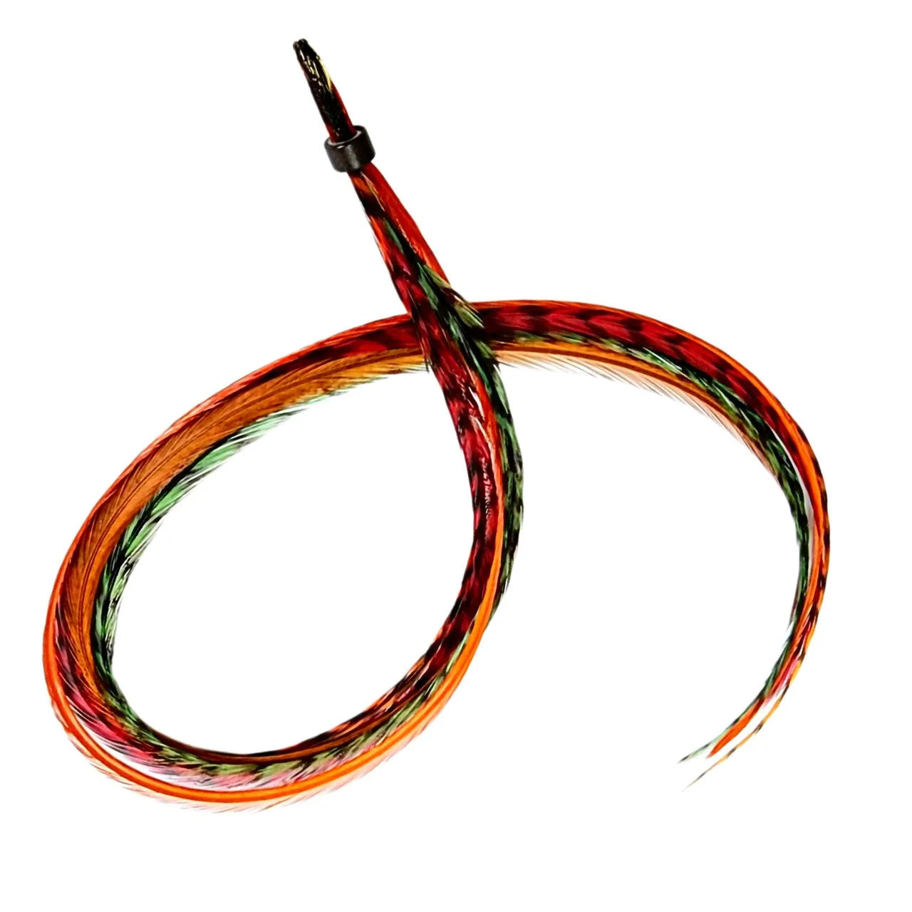 Feather Hair Extension Kit by Feather My Head. Mix of Burgundy Red feathers, brown feathers, orange feathers and green feathers. Real hair feathers in long lengths.