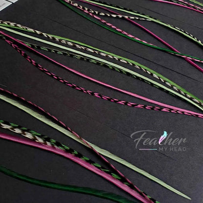 Barberry Hair Feather Extension Collection of hair feathers dyed colors of Plum Purple, Moss Green, Sage Green and Natural Grizzly. 
