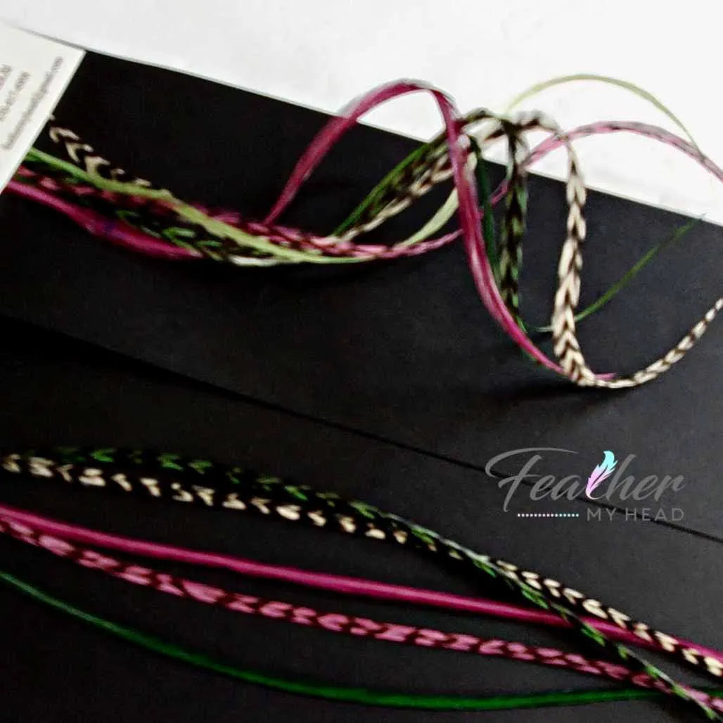 Barberry Hair Feather Extension Collection of hair feathers dyed colors of Plum Purple, Moss Green, Sage Green and Natural Grizzly. 