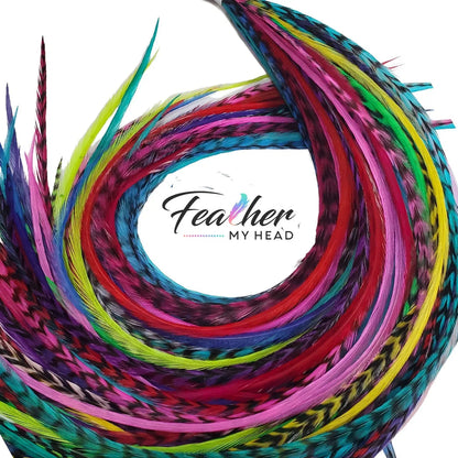 Bright colorful bulk feathers for salons and vendors. Long feathers in colors of pink, purple, blue, green, yellow and orange by Feather My Head