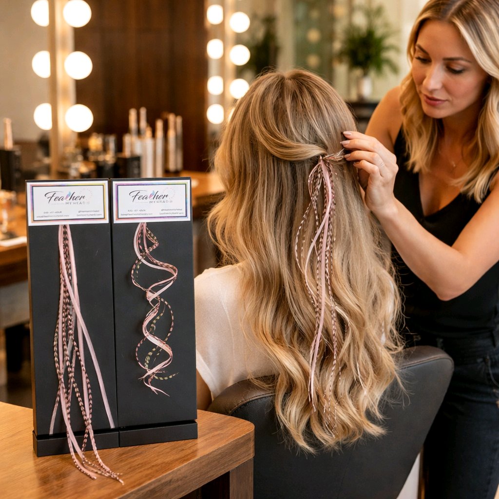 Woman getting hair extensions styled in a salon setting with product packaging visible.