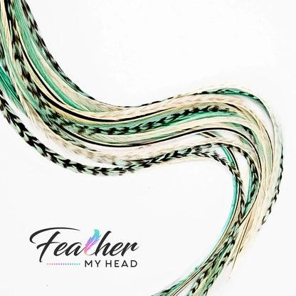 Hair Feather Extension Collection of hair feathers in soft natural earthy shades of green, brown and white-cream colors.

Select your length with hair feathers over 16 inches long. Optional feather kit makes installing your feathers at home a cinch with instructions and photos