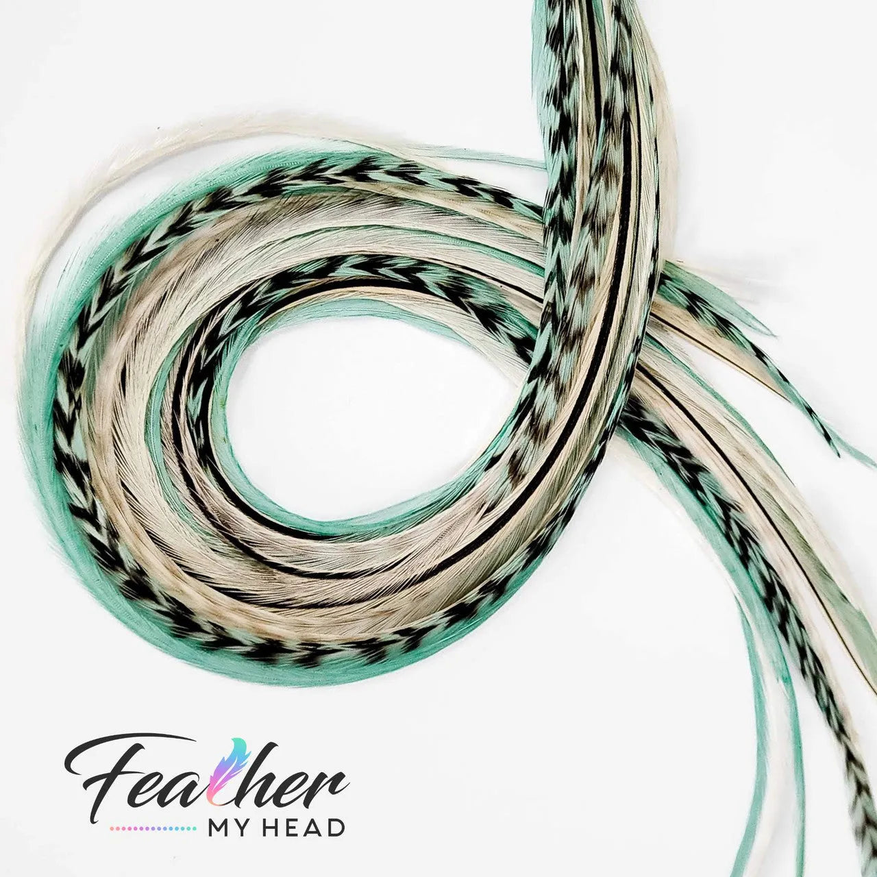 Hair Feather Extension Collection of hair feathers in soft natural earthy shades of green, brown and white-cream colors.

Select your length with hair feathers over 16 inches long. Optional feather kit makes installing your feathers at home a cinch with instructions and photos