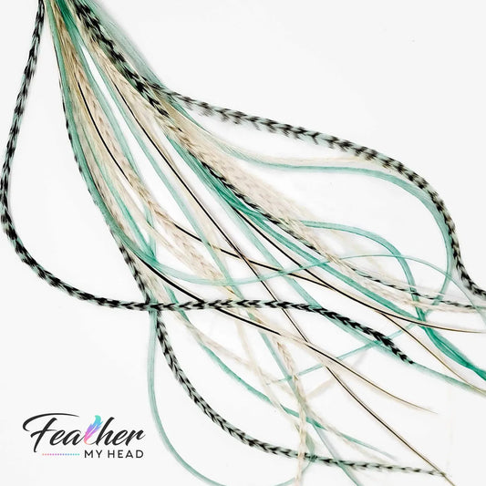 Hair Feather Extension Collection of hair feathers in soft natural earthy shades of green, brown and white-cream colors.

Select your length with hair feathers over 16 inches long. Optional feather kit makes installing your feathers at home a cinch with instructions and photos