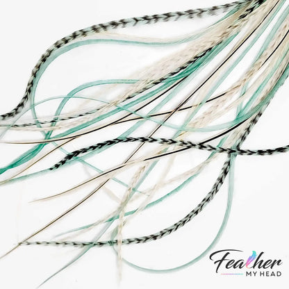 Hair Feather Extension Collection of hair feathers in soft natural earthy shades of green, brown and white-cream colors.

Select your length with hair feathers over 16 inches long. Optional feather kit makes installing your feathers at home a cinch with instructions and photos